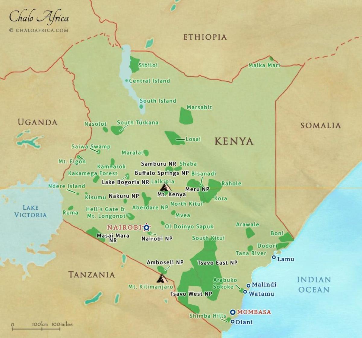 แผนที่ของเคนยาระดับชาติน่วยสวนและงานสำรอง
